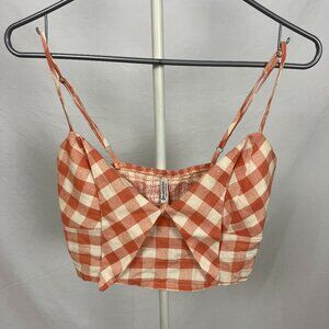 Stradivarius Orange White Plaid Picnic Crop Tank Collar Flaps Adjustable Size XS